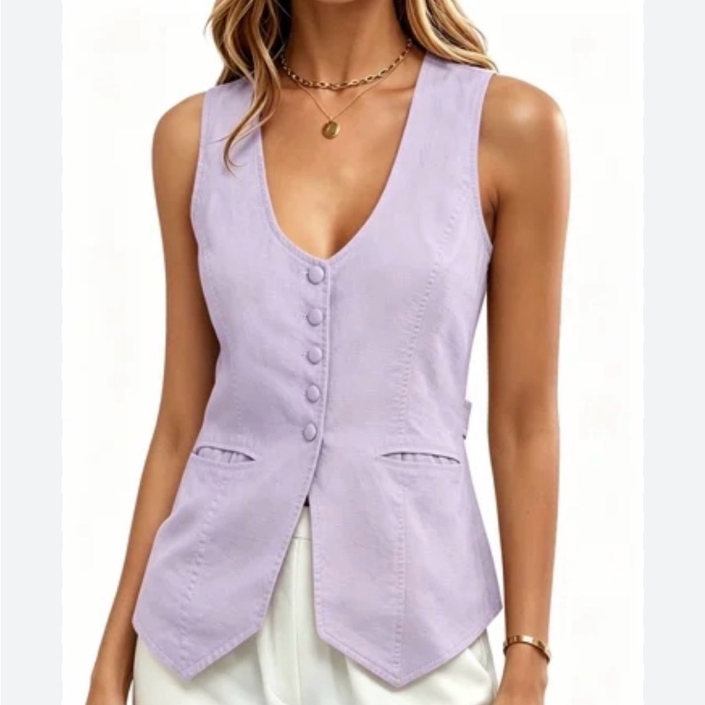 COCCKO Sleeveless scoop neck Lilac cover Button-Front Vest Top Sz L NWT lavender